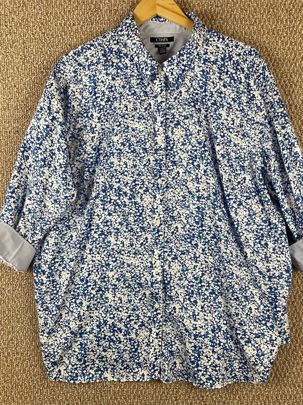 Chaps No Iron Shirt Womens 3X Blue Floral Striped 3/4 Sleeve Button-Up T525